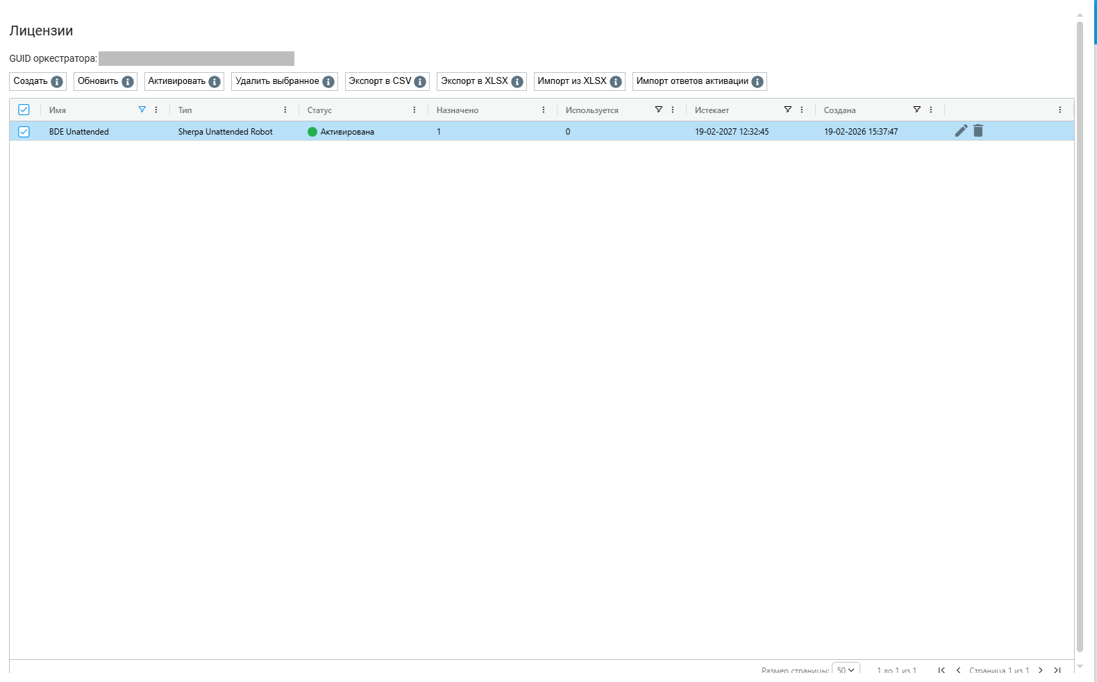 Pantalla Licencias de Sherpa Orchestrator 5.9.4. Interfaz en ruso.